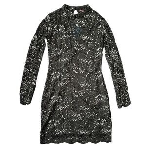 Material Girl Black Mesh Long Sleeve Bodycon Dress – Lined Party Dress (M)